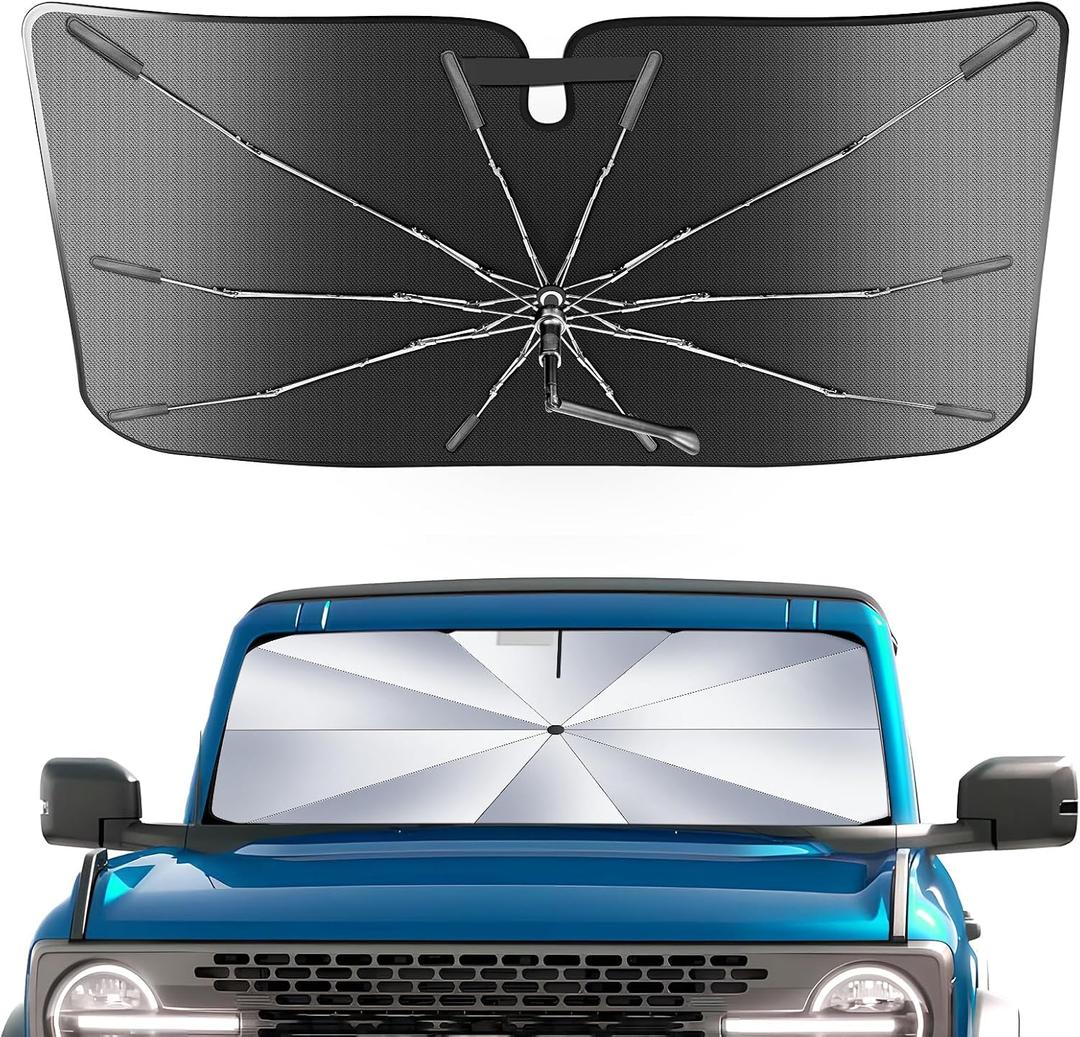 [Upgrade] Portable for Ford Bronco 2021-2025 Windshield Sunshade[Military-Grade Sturdy] with Carry Bag,2 in1 Ice Crystal Durable Compact Shade Umbrella UPF50+ UV Front Car Window Outdoor Camping