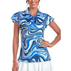 Tanst Sky Women's Golf Polo Shirts Zip Up Ruffles Short Sleeve Workout Tops Quick Dry (XX-Large, Blue Wave)