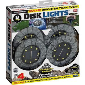 Bell+Howell Disk Lights Solar Ground Lights Stone Dark Gray -Upgraded Wireless Solar Garden Waterproof Lighting 8 LED Bulbs for Patio, Garden, Yard, 4 Packs, As Seen On TV