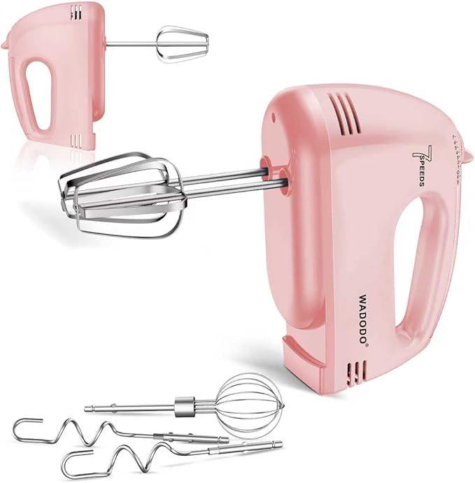 WADODO 7-Speed Electric Hand Mixer – Portable Food Mixer Kitchen Mixer with 304 *(1x Whisk, 2x Beater, 2x Dough hook) for Baking Cakes, Cream, Light Pink