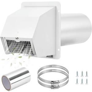 4 Inch Dryer Vent Cover Outdoor Kit, Stainless Steel Hooded Exterior Wall Exhaust Vent with Screen and Damper, Includes Clamps, Foil Tape and Screws, White