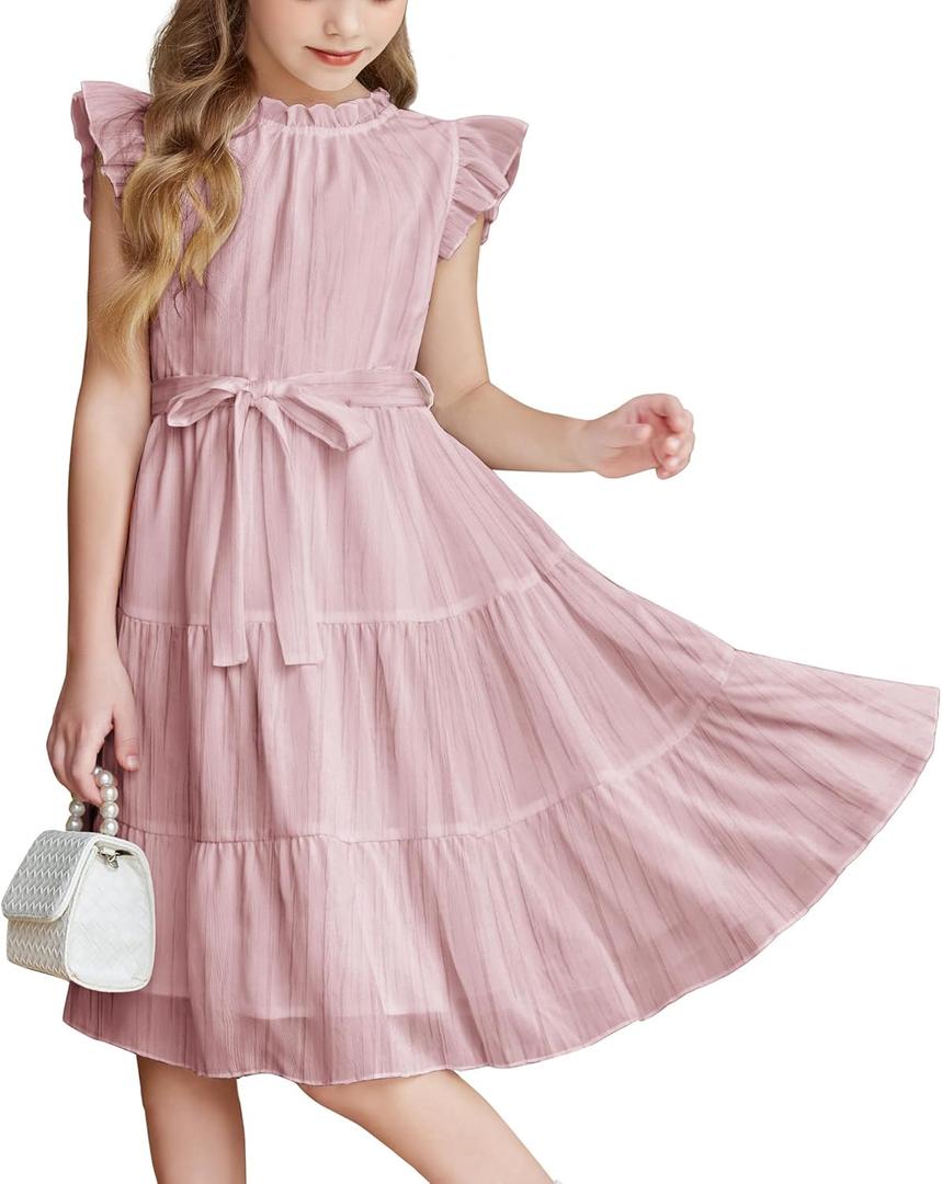 Arshiner Tween Girls Summer Dress Formal Ruffle Sleeve A Line Casual Elegant Dresses with Belt (5-6, Light Pink)