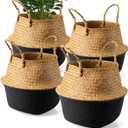 Suzile 4 Pcs Large Woven Seagrass Belly Basket Plant Basket with Handles, 12.6 x 11 Inch Round Plant Baskets Indoor Wicker Basket Planter Plant Pot Basket Storage for Home Outdoor Tree Planters