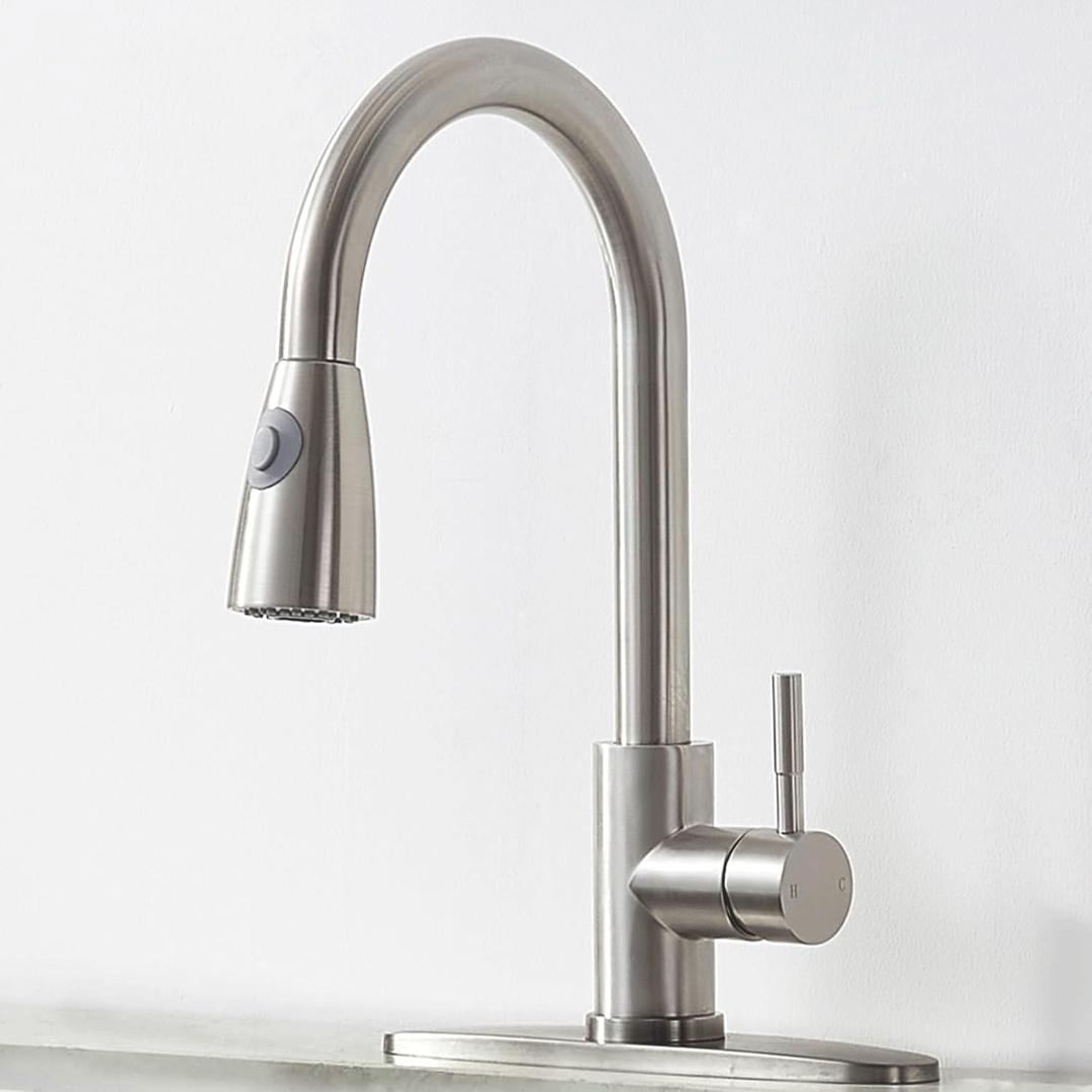 Kitchen Faucet, Kitchen Sink Faucet with Pull Down Sprayer, Stainless Steel Single Handle High Arc Pull Out Faucet for RV Laundry Utility Bar Brushed Nickel
