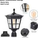 Solar Lamp Post Light, Cast Aluminium Waterproof LED Pillar Lights with Glass Outdoor Dusk to Dawn Post Light Solar Powered ST4311BQ for Pier Mount Gates Yard Pole (Black+Clear Glass)