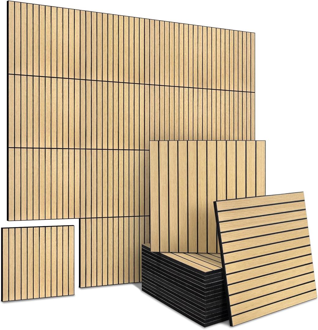 16-Pack Peel and Stick Acoustic Wall Panels, 11.8" x 11.8" PET Soundproof & Noise Cancelling Acoustic Felt, Self-Adhesive 3D Sound Absorbing Slat Wall Paneling for Interior Wall Decor, Natural Oak