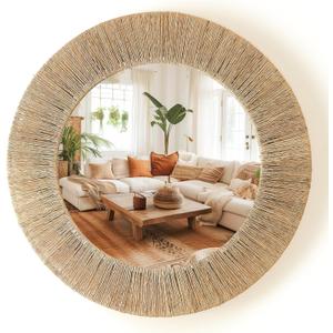 24 Inch Natural Jute Mirror, Wall Mounted Round Mirror with Metal Frame, Wall Decor Rustic Farmhouse Boho Decor Accent for Bathroom, Bedroom, Living Room, or Entryway