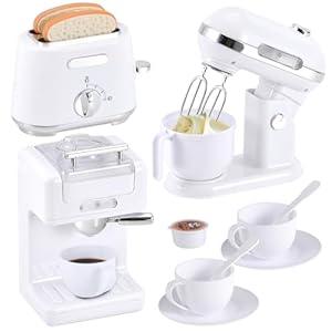 Kitchen Appliances Toys, Play Kitchen Accessories Set for Kids, Pretend Kitchen Toys with Coffee Maker, Mixer and Toaster, Play Kitchen Set for Kids (White)