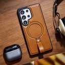 Butaiga for Samsung Galaxy S26 Ultra Case Leather with Stand, Anti-Slip Grip Ring, Fits for MagSafe (Brown, S26 Ultra)