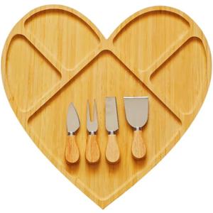 Heart Shaped Cheese Board and Knife Set,Large Bamboo Charcuterie Board Set,Cheese Platter Serving Board with 4 Stainless Steel Knife,Wooden Cheese Tray,Perfect for Housewarming