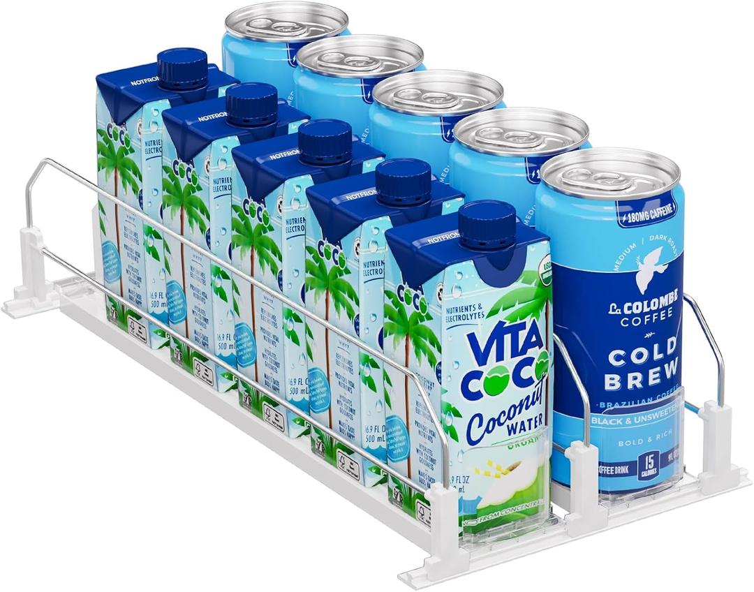 Puricon Drink Organizer for Fridge Pusher Glide, Spring Loaded Fridge Drink Dispenser, Self Pushing Soda Can Organizer for Refrigerator, Beer Bottle Beverage Organizer Drink Holder -2 Rows, White (14.9"D x 6.69"W 2 Rows)