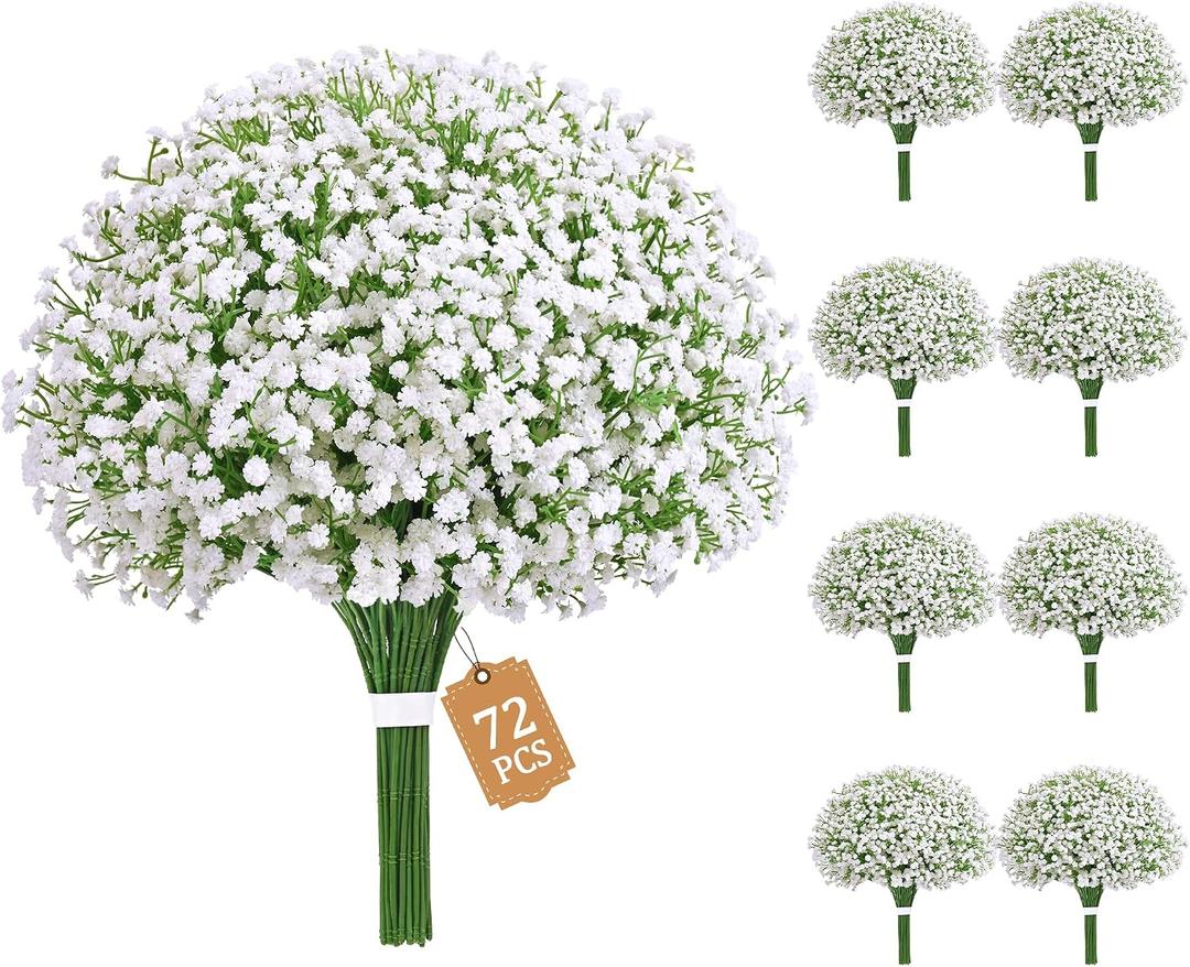 MARTINE MALL 72 Pcs Babys Breath Artificial Flowers, White Baby Breath Flowers Artificial Bulk Real Touch Fake Babys Breath Flowers Faux Gypsophila for Wedding Party Home Floral Arrangement Decor