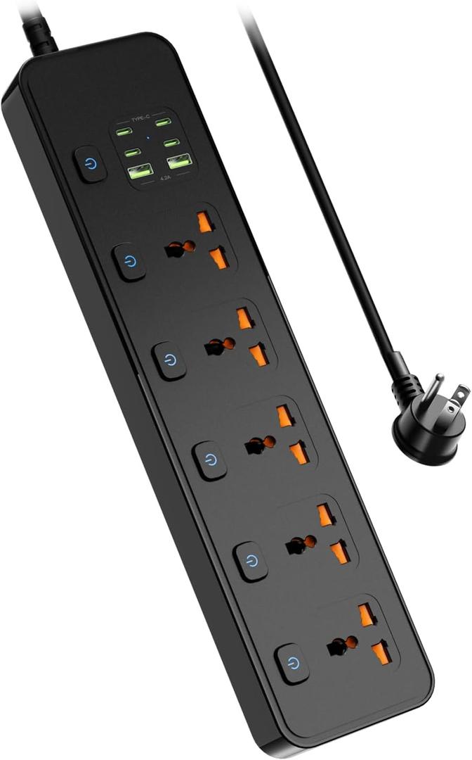 Universal Power Strip with USB Ports, Individual Swtich, 6ft Power Cord, 5 Universal AC Outlets, 4USB C and 2USB (5V/4.2A), Max 3000w, 110-240V, Child Safe Door, Multi Plug Power Strip for Travel