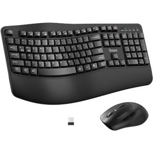 Wireless Keyboard and Mouse Combo, 2.4G Full Size Wave Keys Ergonomic Keyboard with Wrist Rest for Natural Typing, 3 DPI Adjustable Ergonomic Silent Mouse for Computer/ Laptop/ Windows/ Mac (Black)