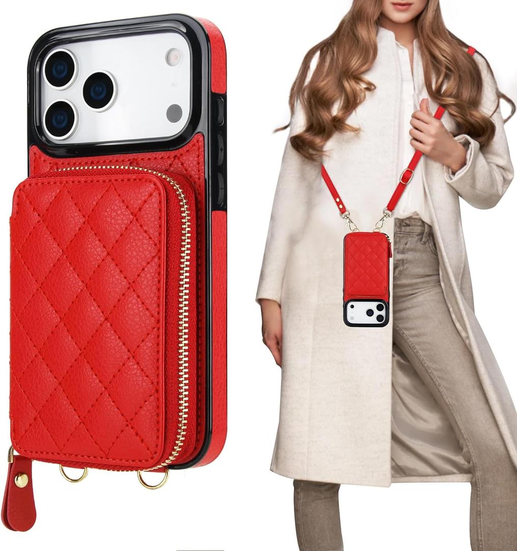 Bocasal Crossbody Wallet Case for iPhone 17 Pro Max, RFID Blocking PU Leather Zipper Handbag Purse Flip Cover, Kickstand Folio Case with Card Slots Holder Wrist Strap Lanyard 5G 6.9 Inch (Red)