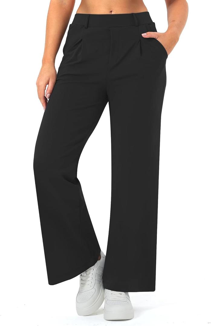 Wide Leg Work Pants for Woman Stretchy Office Slack Dress Pants Business Trousers with Pockets (Black, M)