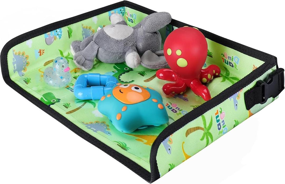 Kids Travel Tray Table Cover with Pockets Airplane Essentials for Toddlers 1-3, Portable Activity Organizer for Plane, Train, Car & Highchair, Washable Dinosaur Design (Green)
