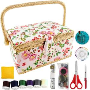 NROZIET Sewing Basket for Sewing Supplies, Wooden Sewing Kit Storage Box with Accessories, Vintage Sewing Kits Carrying Organizer with Handle for Embroidery, DIY Supplies, Beginner, Professional
