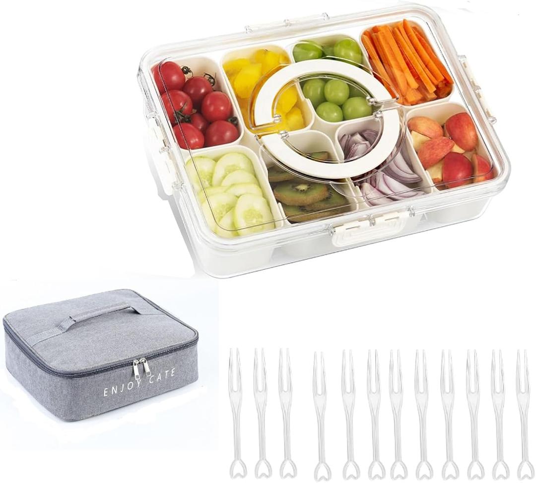 Snack Box Container with Insulated Cooler Bag, Divided Serving Tray with Lid and Handle Beach Essentials, Snackle Box Veggie Fruit Tray with 8 Compartments & 12 Forks