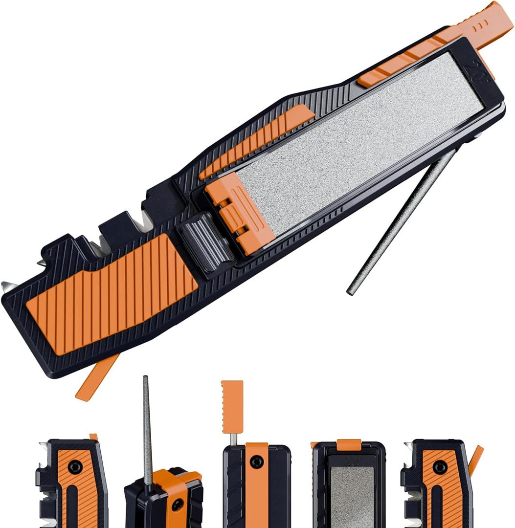 Orange Ninja Pocket Field Knife Sharpener  8-in-1 Camping & Hunting EDC Knife Sharpener with Guided Diamond Whetstones, Leather Strop, Fire Starter & Diamond Rod