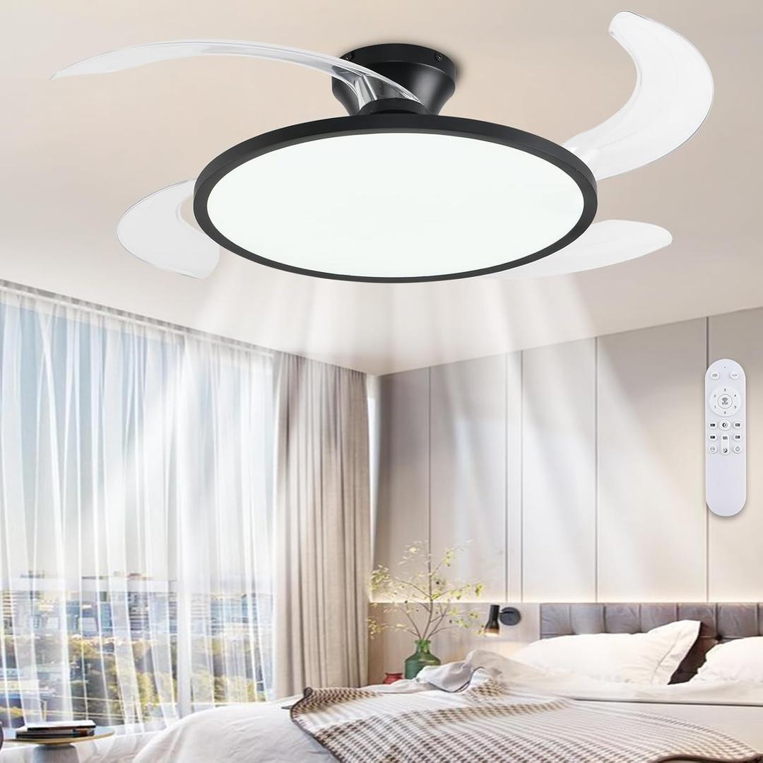 Retractable Ceiling Fan with Lights Remote Control,42'' Low Profile Ceiling Fan with Retractable Blades,Dimmable Full Spectrum,Modern Fandelier for Living Room Dinning Room Bedroom,Black