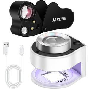 JARLINK 2 Pack 30X 60X Jewelers Loupe, Foldable Jewelry Magnifier with Bright LED Light, Rechargeable Loupe Magnifier with 3 LED and 3 UV Light for Gems, Jewelry, Coins, Stamps (White & Black)
