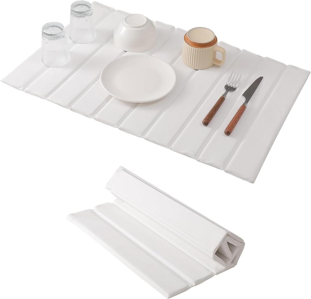 Dish Drying MatStone Drying Mat for Kitchen CounterHeat Resistant and Super Absorbent Foldable Bath mats,Made of Diatomaceous Earth and Leather.24.8"15.7" White