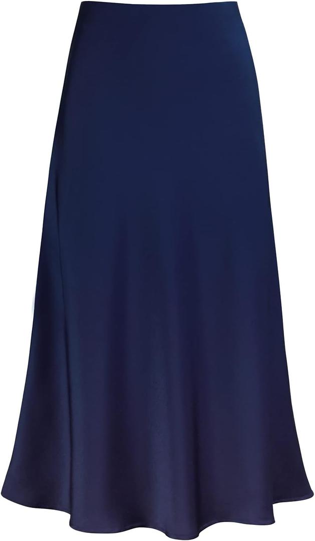 Modegal Women's Satin High Waist Hidden Elasticized Waistband Flared Casual A Line Midi Skirt (Thin Navy Blue, X-Large)