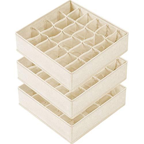 Criusia 3 Pack Sock Underwear Drawer Organizer Dividers, 64 Cell Fabric Foldable Cabinet Dresser Closet Organizers and Storage Boxes for Organizing Socks, Underwear, Ties (16+24+24 Cell, Beige), 11,5×11,5 inch