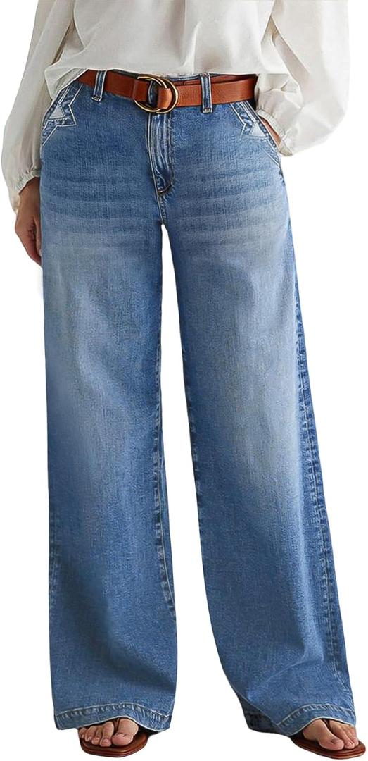 Flamingals Wide Leg Jeans for Women Mid Waist Baggy Stitch Decor Denim Washed Pants Without Belt (Blue, XXL)