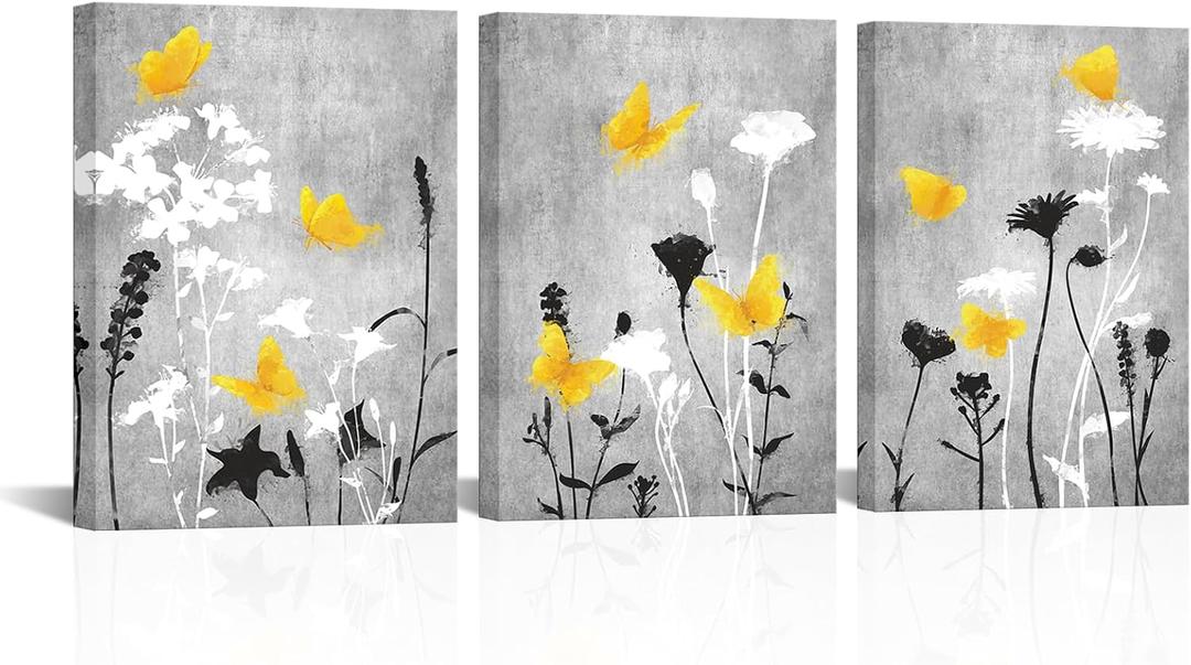 LoveHouse Yellow and Grey Bathroom Flower Wall Art Grey and Yellow Bathroom Pictures Prints Gray Floral Art Decor