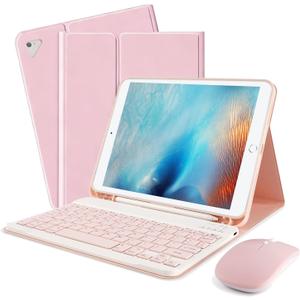 For iPad Pro 9.7 inch Case with Keyboard and Mouse for iPad 2018 (6th Gen)/ 2017 (5th Gen), Keyboard Case with Mouse for 2016 iPad Pro/Air 2/1, Detachable Wireless Keyboard Cover with Pencil Holder,BK (Pink)