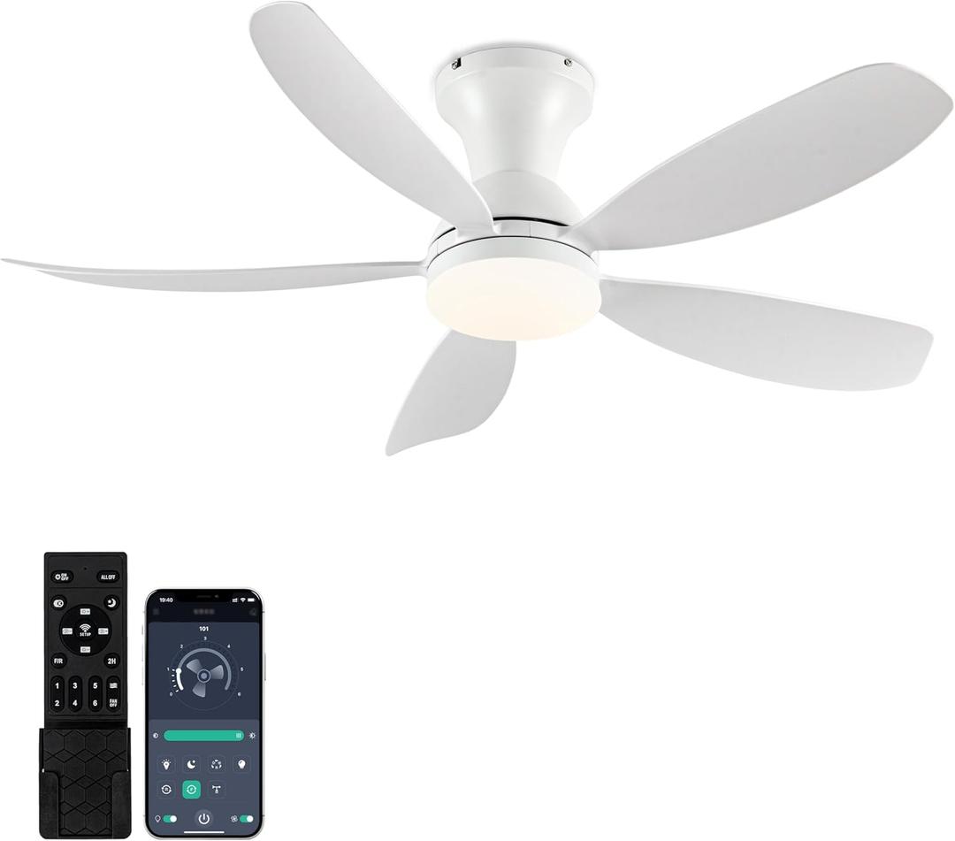OURSTAR Ceiling Fans with Lights and Remote Control, Low Profile Ceiling Fan with Light LED Dimmable 18W and App Control, 38" White Ceiling Fan with Light, 6 Speed Reversible Blades, Timer 2 Hours
