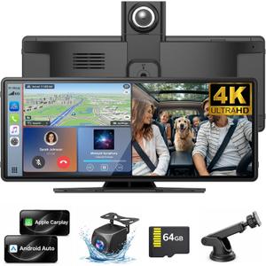 Wireless Carplay Screen for Car,10.26" Portable Apple Carplay and Android Auto4K Dash Cam with Rotatable Lens, 1080P Backup Camera, GPS Navigation, Mirror Link, Siri & Voice Control
