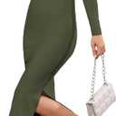 Women's Bodycon Maxi Dress Winter Fall Long Sleeve Side Slit Dresses Knit Fitted Tight Basic Party Club Cocktail (Green, L)