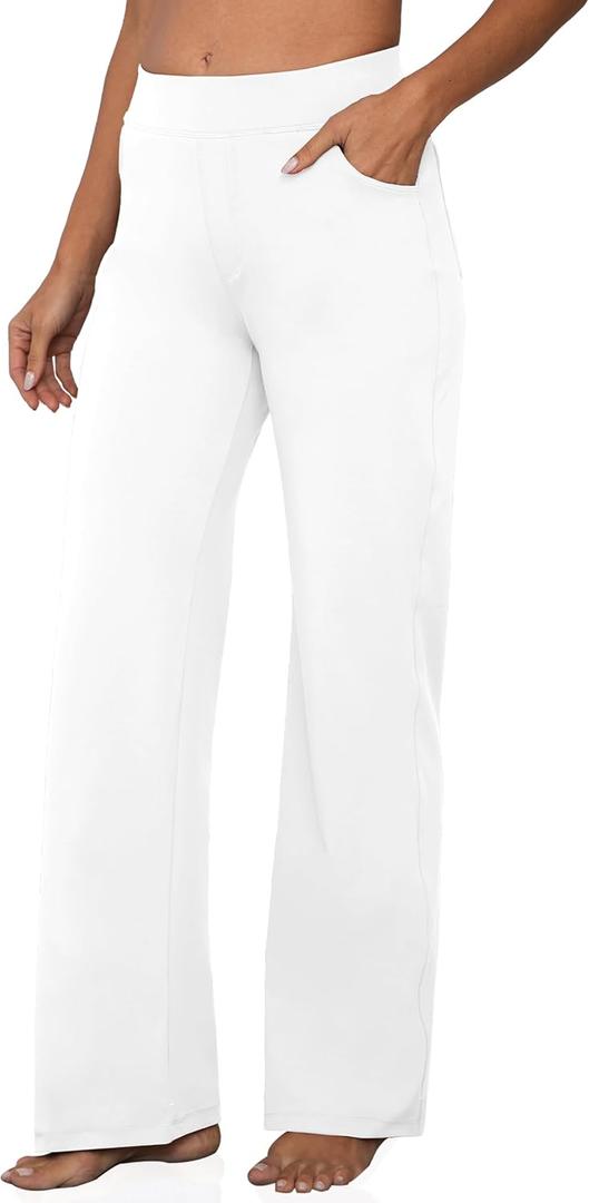 VOOVEEYA Wide Leg Pants for Women, Yoga Pants with Pockets High Waist | Breathable, Moisture Wicking, Soft Comfortable, 4-Way Stretchy, Wide Leg Dress Pants for Petite, Tall, Regular (White)