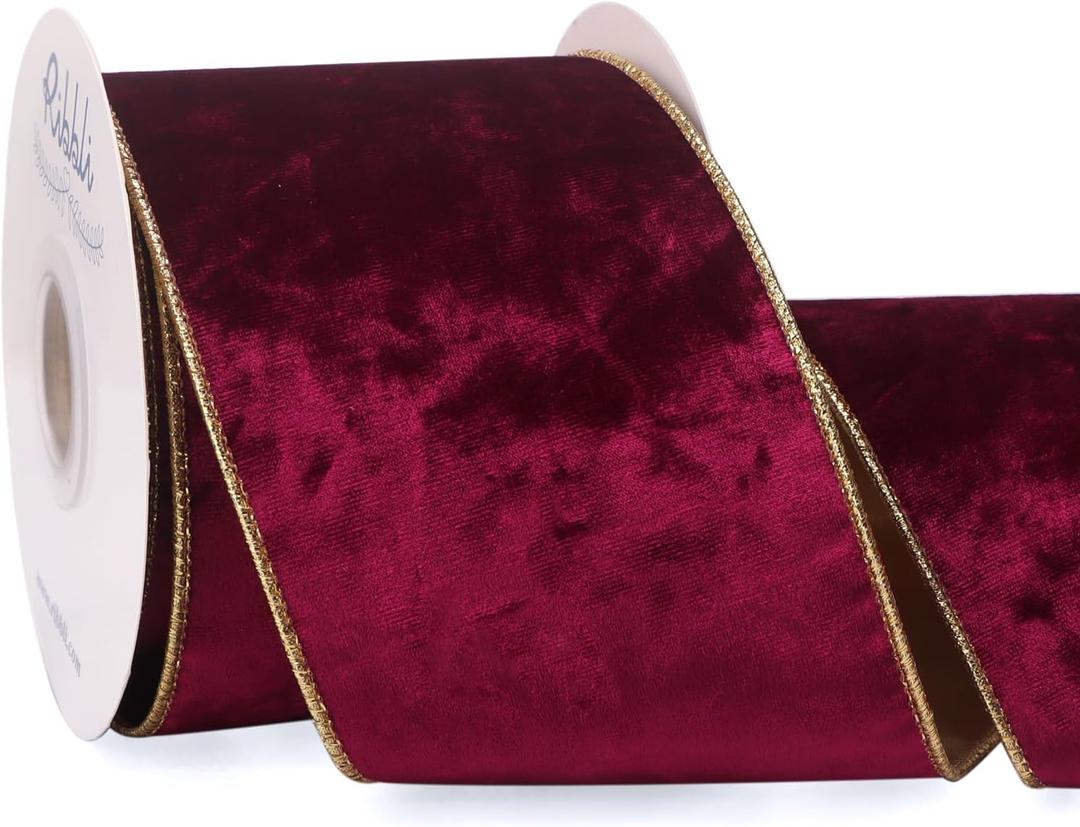 Ribbli Burgundy Velvet Wired Ribbon 4 Inch Metallic Burgundy Gold Crushed Velvet Christmas Ribbon for Gift Wrapping Christmas Tree Decoration Crafts Wreaths Supplies-Continuous 10 Yards
