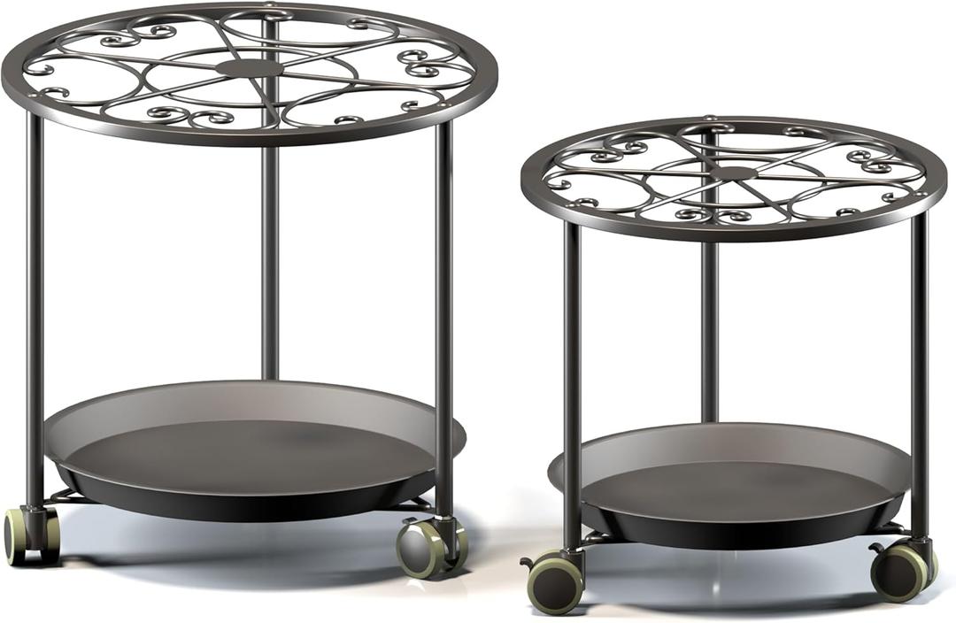 TOSKING 2-Pack Black Round Rolling Plant Caddies with Water Tray – Metal Stands with Wheels, Elegant Floral Pattern, for Indoor Planters (14" & 12")