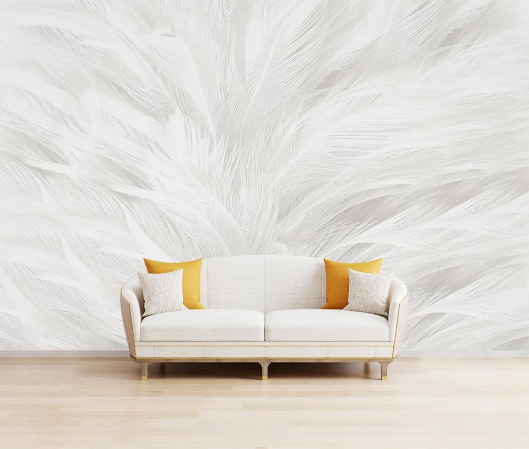 Feather Wallpaper Mural Elegant Gray and White Mural Wallpaper for Living Room Bedroom Not Peel and Stick (91" x 60", Cybh-903)