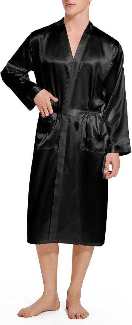 ZUEVI Men's Kimono Robe Silk Satin Long Sleeve Spa Bathrobe Lightweight Soft Silky Pajamas Robes (XX-Large)