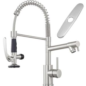 Commercial Kitchen Faucet with Pull Down Sprayer, Stainless Steel Kitchen Sink Faucet with Deck Plate, Single Handle Spring Kitchen Faucets (Brush Nickel)