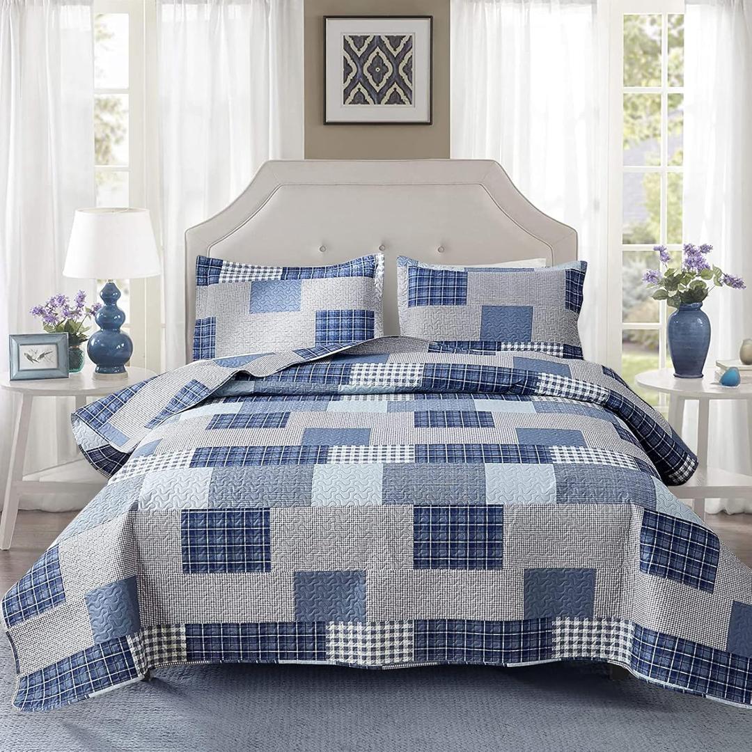Green Essen Plaid Quilt King Size Blue White Lightweight Patchwork Bedspread Soft Breathable Check Quilts Gingham Bedding Checker Pattern Coverlet Bed Cover Set Geometric Home Decor