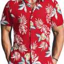 LETSEE Linen Shirts for Men Short Sleeve Blouse Button Down Dress Untuckit Shirts Beach Summer Wedding Hawaiian Outfit (Red, XXL)