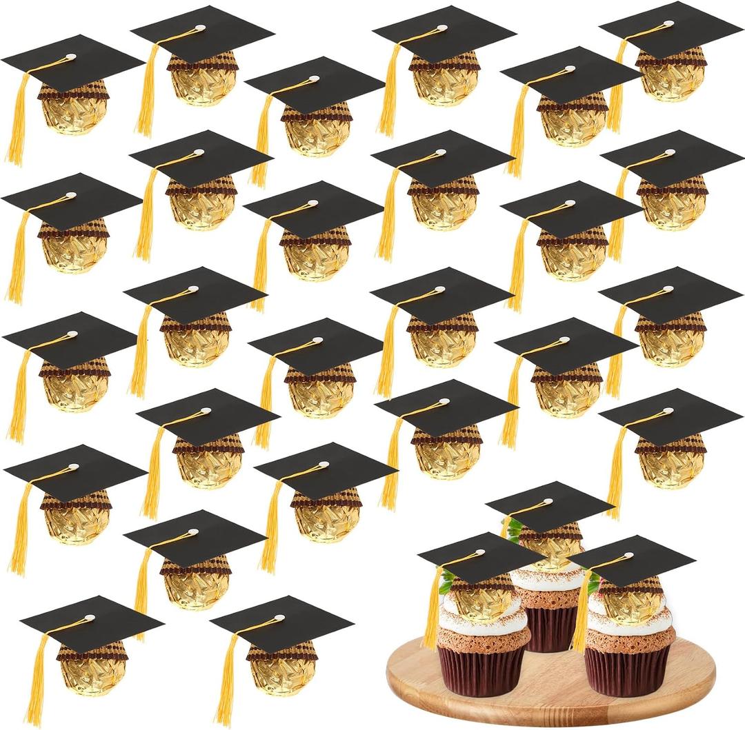 Graduation Cap Chocolate Decorations, 50 Pcs Black Graduation Cupcake Toppers with Tassel Adhesive Dots for Chocolates Candies Class of 2026 Graduates Congrats Grad Party Decorations