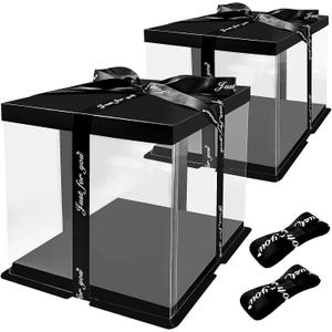 2PCS Clear Transparent Gift Cake Box, 12 x 12.3 x 10 inch Display Case with Base, Lid & Ribbon for Wedding, Birthday, Christmas, Thanksgiving, Halloween Party