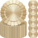 Mifoci 100 Pcs Champagne Gold Charger Plates Bulk 13 Inch Plastic Round Chargers Fluted Edge Dinner Plate Wedding Decoration for Table Setting Wedding Party Event Tabletop, about 13 x 0.8 inches