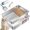 Stainless Steel Sifting Cat Litter Box for Pine Pellets, XL Extra Large Metal Cat Litter Box Sifter Pan with Litter Scoop, Low Dust, Odor Control, Easy Cleaning (23.6Lx15.7Wx6H, 1 Pack)