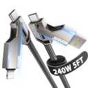 [One is Enough] 4-in-1 Compatible with USB C to Lightning Cable, 240W High-Speed Charging & Fast Data Transfer,CarPlay & Android Auto Support Multi Charger Cord Combo for iPhone/Samsung/iPad,5FT