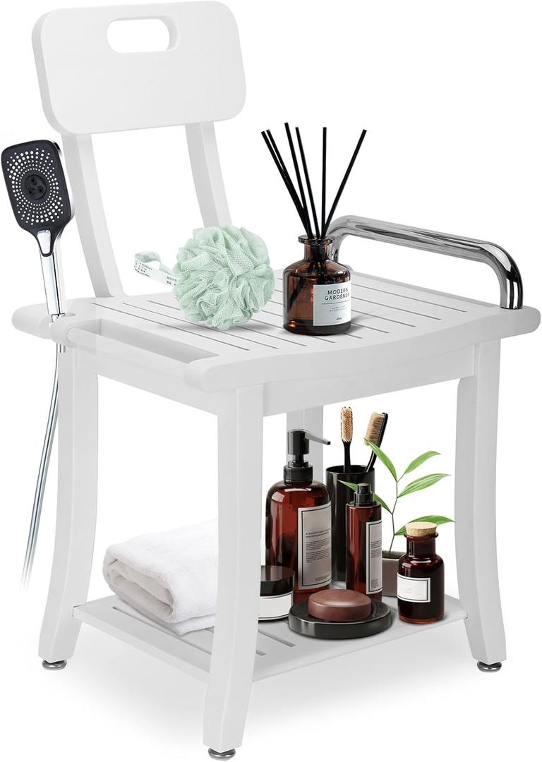 Magam Teak Shower Bench with Back Support, 18.7 inch Solid Wood Shower Stool Waterproof Shower Seat, Inside Shower Legs Shaving, Use for Bathing and Sauna,Suitable for The Elderly, Young Women etc (White)