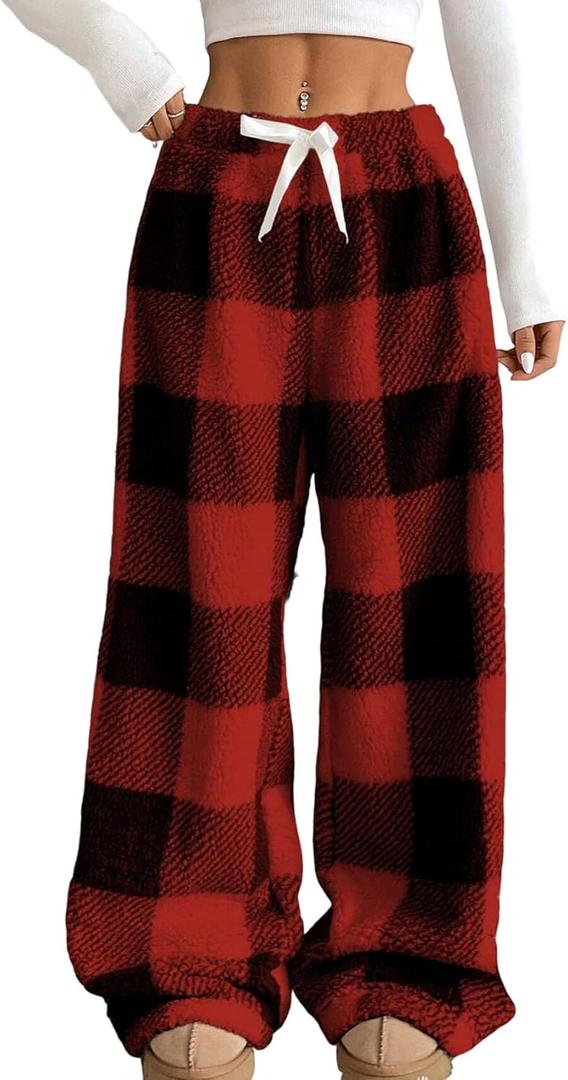 Wyeysyt Women Fuzzy Pajama Pants Plush Elastic Waist Wide Leg Leopard Pants Pj Bottoms Lounge Fluffy Pants (Medium, Red Plaid)